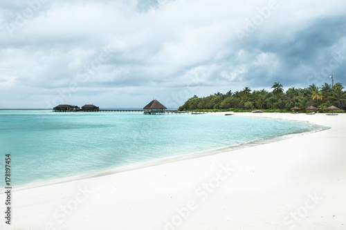 Beach, white sand, a lagoon. Maldives