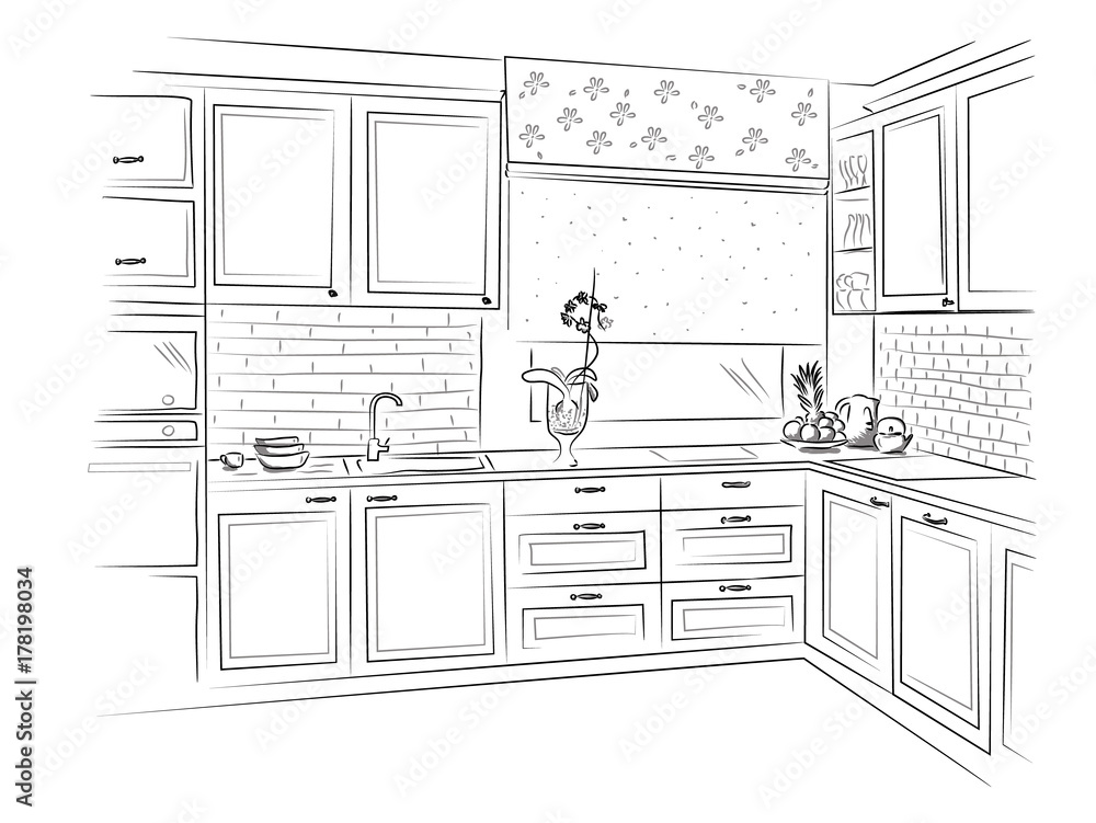 Hand drawn kitchen interior sketch design. Vector illustration Hand drawn kitchen interior sketch design. Vector illustration