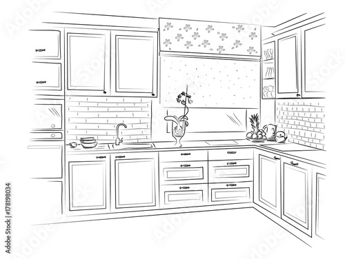 Hand drawn kitchen interior sketch design. Vector illustration 