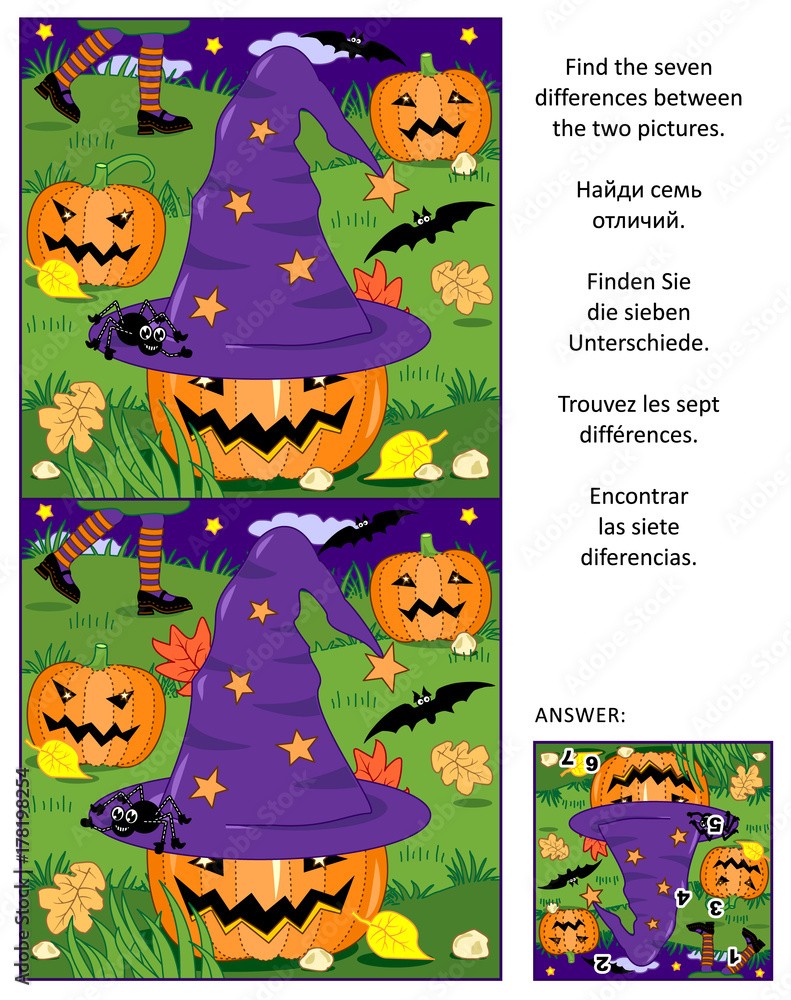 Naklejka premium Halloween themed visual puzzle: Find the seven differences between the two pictures of witch hat, pumpkins, bats, etc. Answer included. 