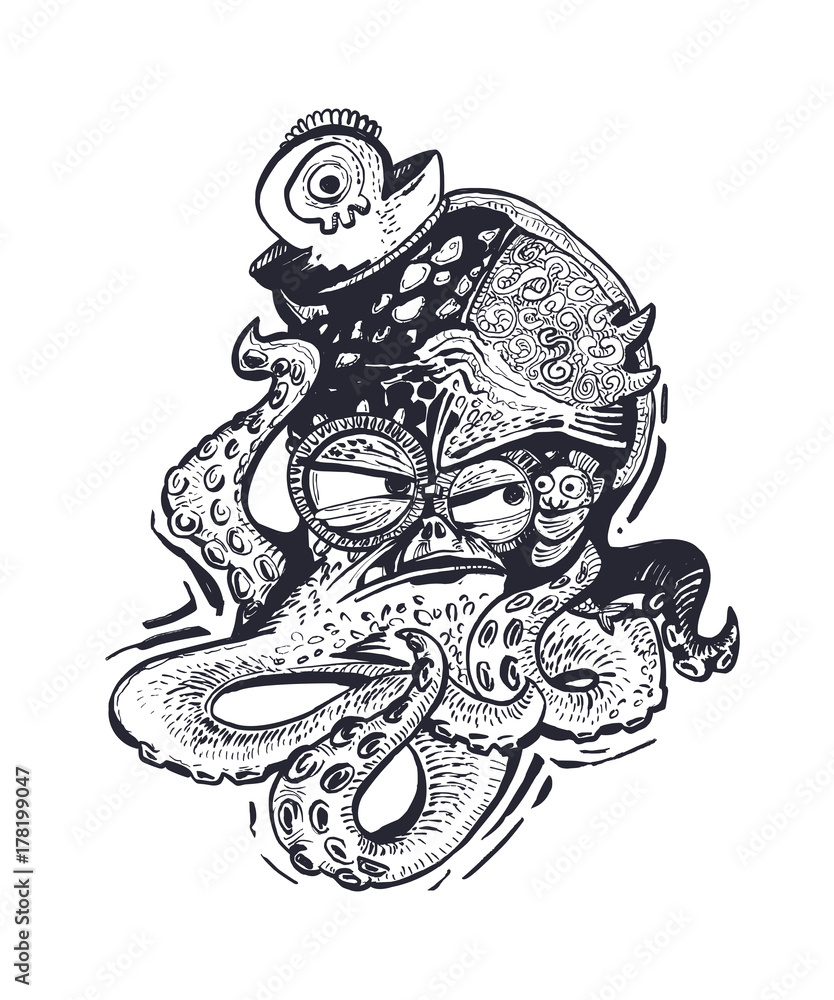 Naklejka Hand-drawn octopus silhouette decorated sketch and doodle ornament. Sea monster Tattoo. Vector character illustartion.