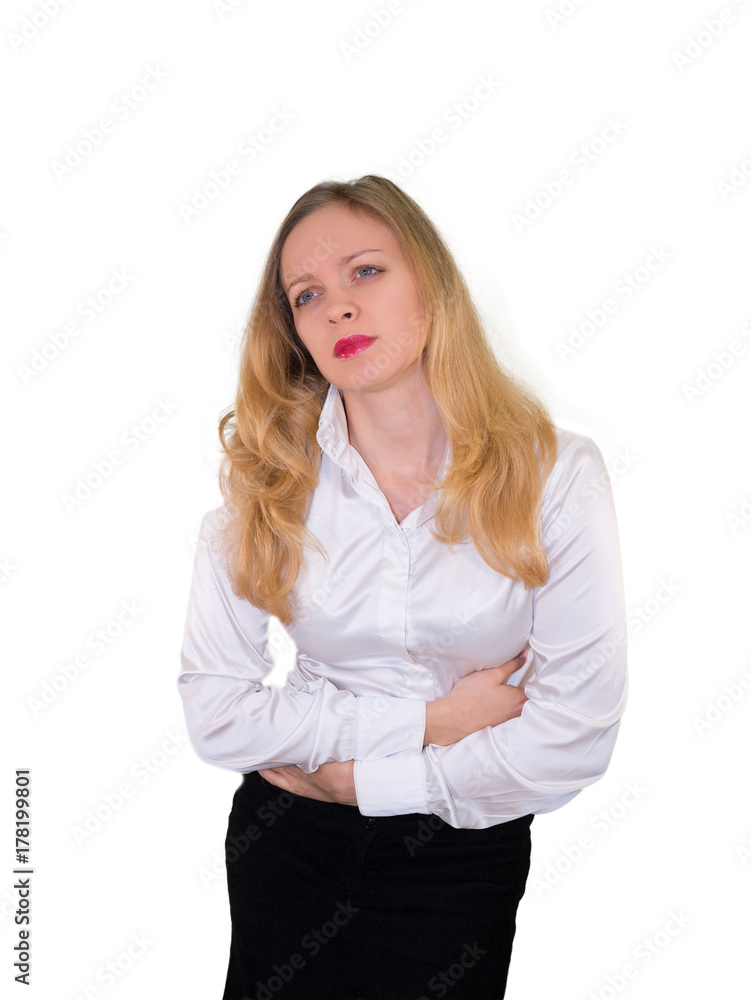 The young girl blondes stomach ache. mockup. Isolated on a white background. The young girl blondes stomach ache. mockup. Isolated on a white background.