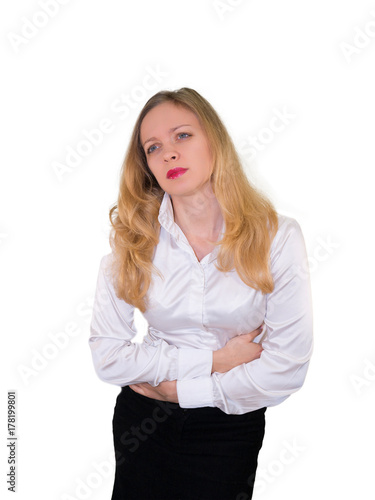The young girl blondes stomach ache. mockup. Isolated on a white background.