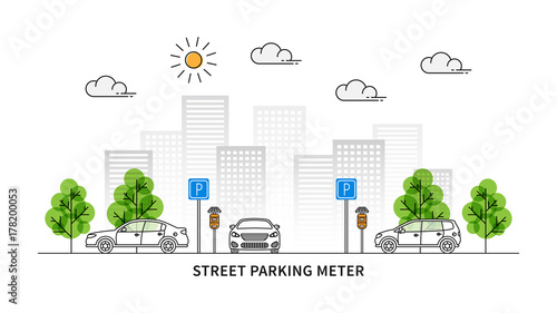 Street parking meter vector illustration. Cars and parking meters with solar panels line art concept. Urban (city) landscape with traffic signs and cars graphic design.
