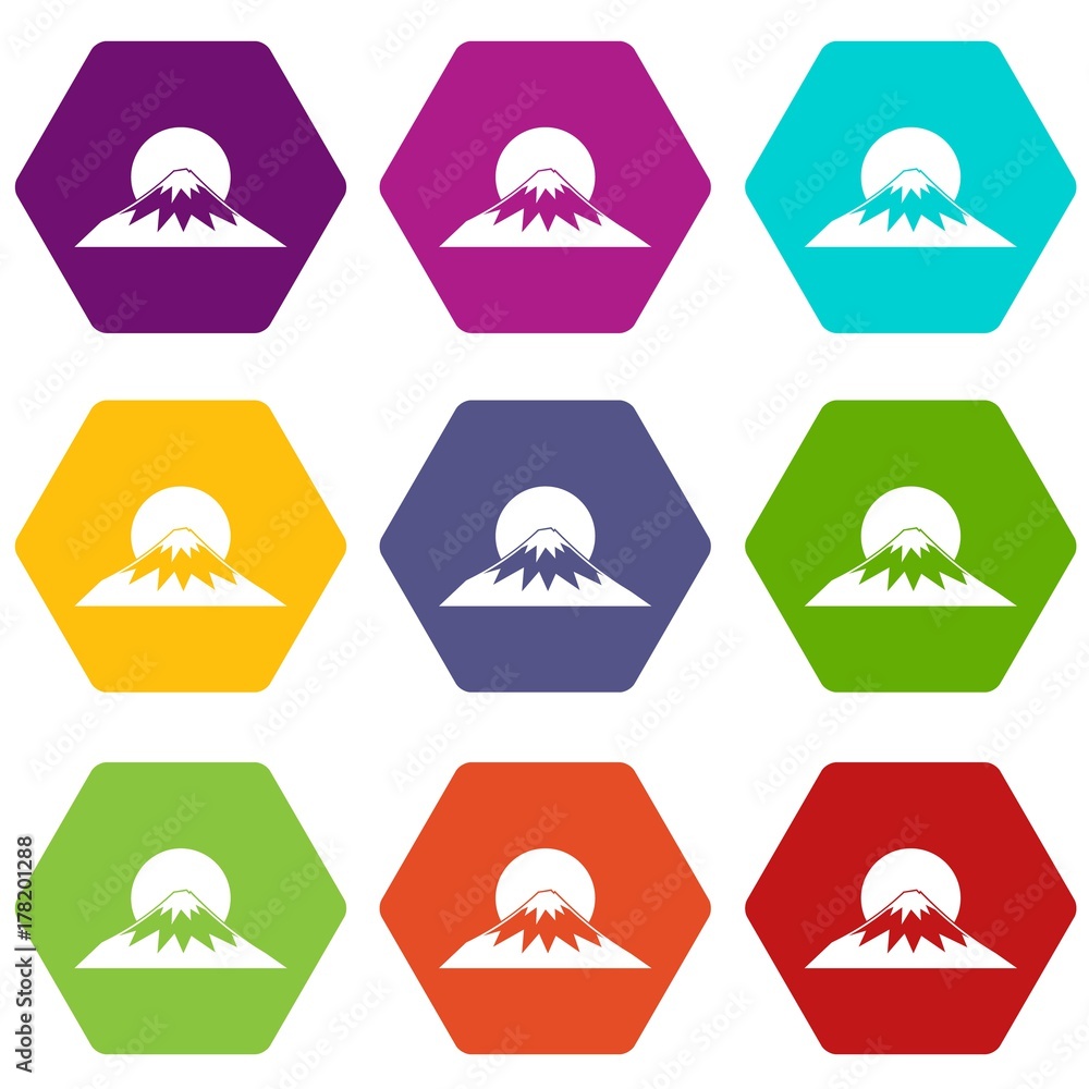 Sun and mountain icon set color hexahedron Sun and mountain icon set color hexahedron
