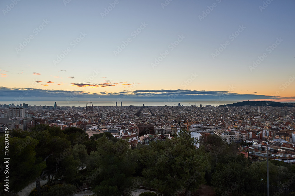 Sunrise in Barcelona from a hilltop