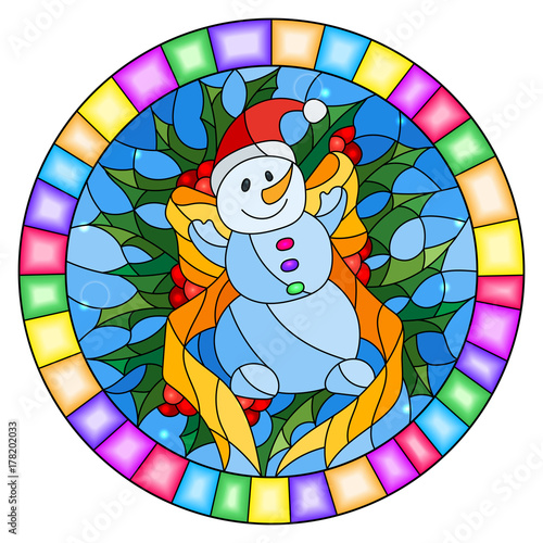 Illustration in stained glass style with a funny snowman, ribbon and Holly branches on a blue background, round picture frame