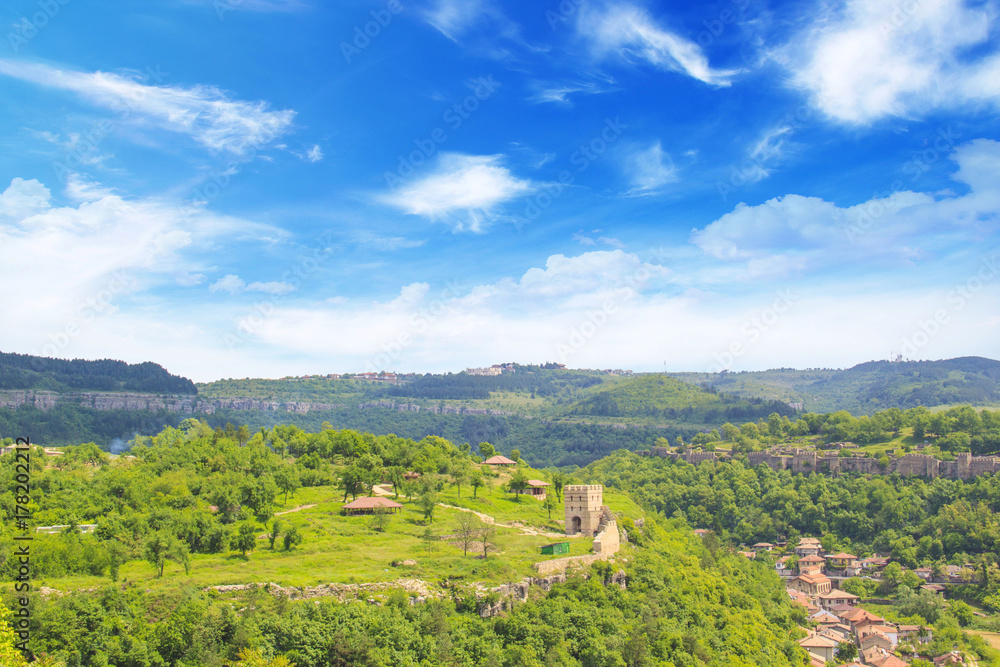 Beautiful view of the ancient fortress Tsarevets in the mountains, in Veliko Tirnovo, Bulgaria