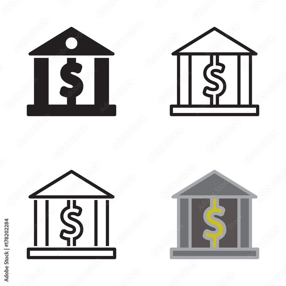 Bank icon in four variations, thin line, black and colored. Vector Bank icon in four variations, thin line, black and colored. Vector