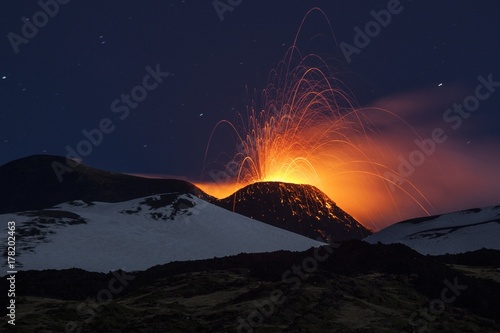 Etna volcano eruption at night, Nicolosi, Sicily, Italy photo