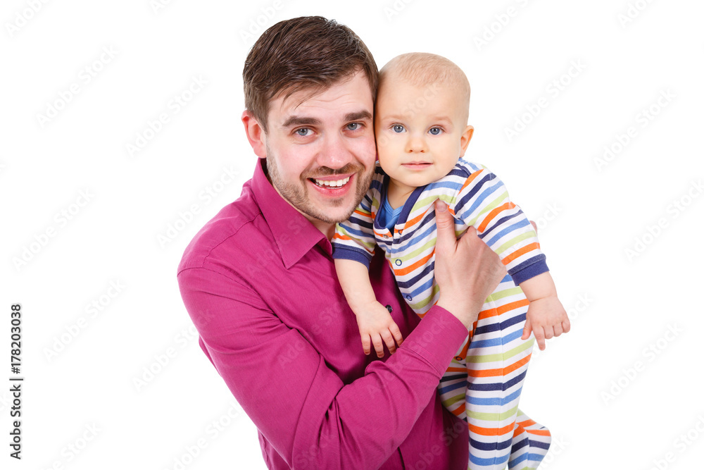 Closeup portrait of happy father with a little baby infant isolated on a white background Closeup portrait of happy father with a little baby infant isolated on a white background