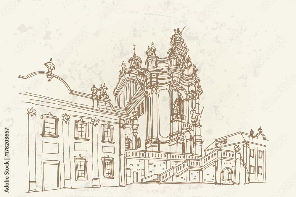 vector sketch of St. George's Cathedral in Lviv, Ukraine.