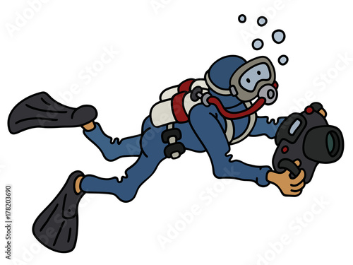Funny blue diver with a camera