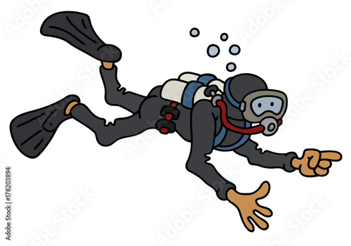 Funny diver in a black neoprene