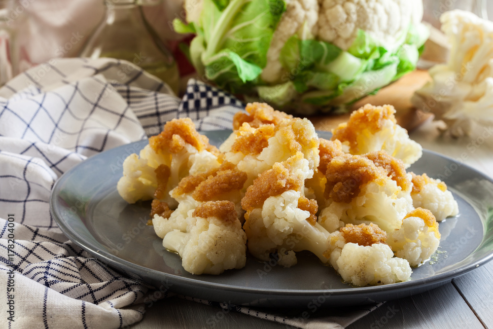 Vegetarian cooked cauliflower with bread crumb Vegetarian cooked cauliflower with bread crumb