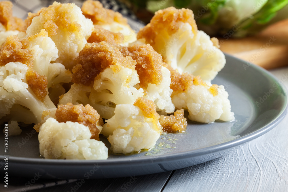 Vegetarian cooked cauliflower with bread crumb Vegetarian cooked cauliflower with bread crumb