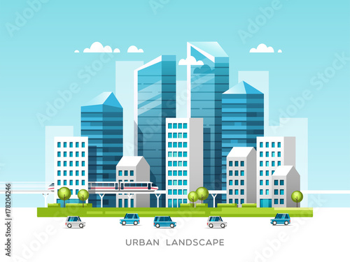 Urban landscape with buildings  skyscrapers and city transport. Real estate and construction industry concept. Vector illustration.