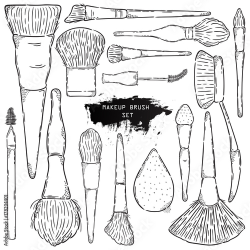 Vector hand drawn illustration. Makeup brush set. Design elements for different decoration needs.