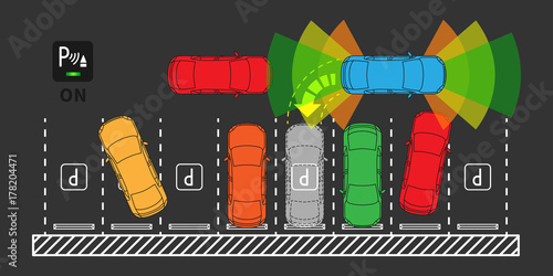 Automatic parking assist system vector illustration. Car technology with parktronic sensors line art concept. Smart car assistance autopilot outline graphic design.