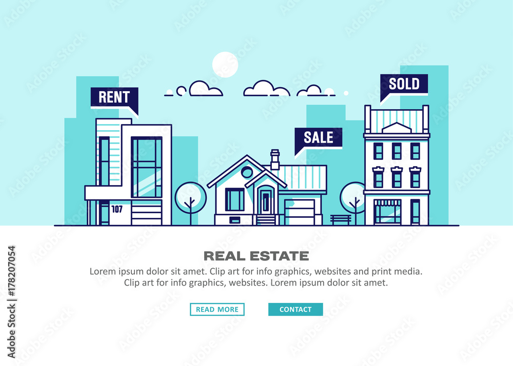 Real estate business concept with houses. Vector illustration. - obrazy, fototapety, plakaty 