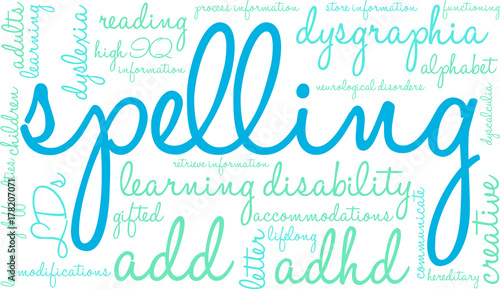 Spelling LDs Word Cloud on a white background. 