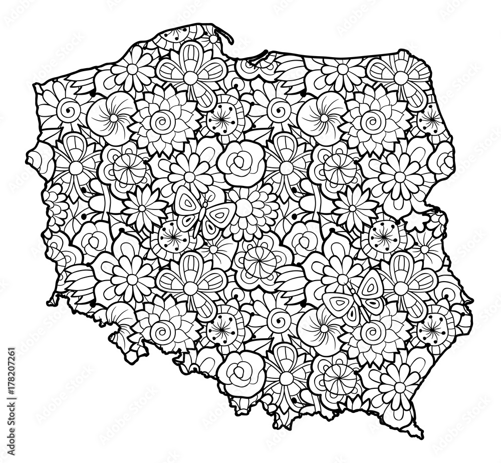Obraz mapa Polski z kwiatami. Czarno-biały ilustracja wektorowa