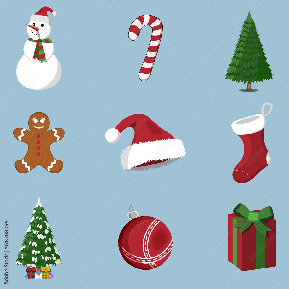 Set of 9 XMas icon. Cartoon style. Vector Illustration for Christmas day