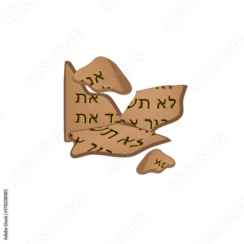 Broken tables of the Covenant. Tablets of Moses. 10 commandments of the bible in Hebrew. Torah. Vector illustration on isolated background.