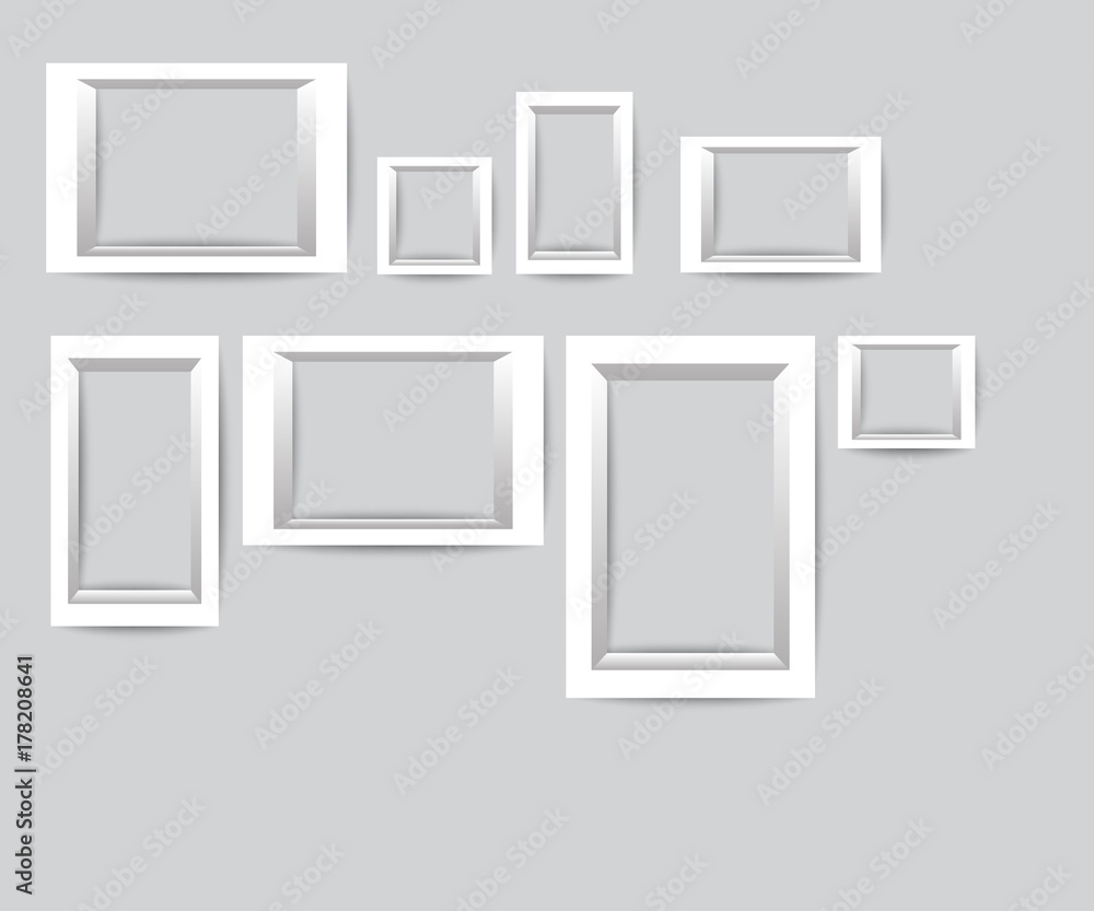Set of white photo frames. Vector collection of blank photo frames on a gray background. Set of white photo frames. Vector collection of blank photo frames on a gray background.