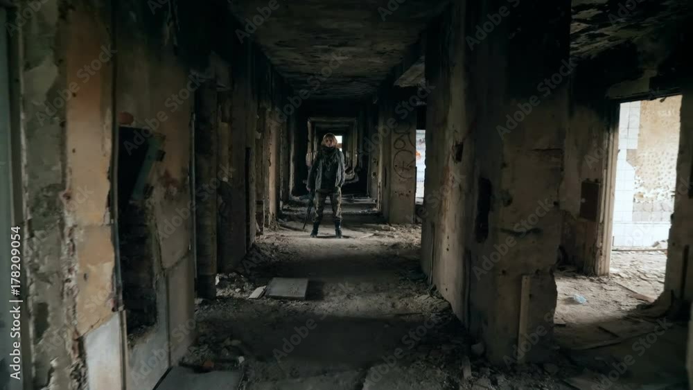 woman holding a automatic rifle and posting in abandoned building woman holding a automatic rifle and posting in abandoned building