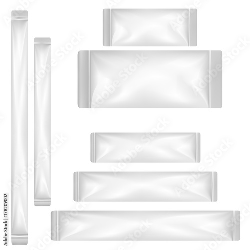 VECTOR PACKAGING: White gray plastic sachet or foil packet on isolated white background. Mockup template ready for design