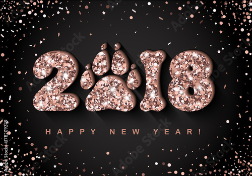2018 Happy New Year greeting card with shining rose gold numbers, dog paw print,  bone on black background. Vector template for brochure design, 2018 Chinese New Year wishes. All isolated and layered