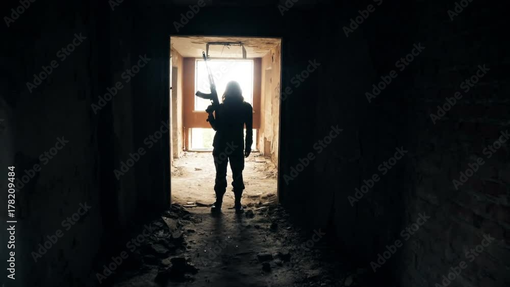 woman holding a automatic rifle and posting in abandoned building woman holding a automatic rifle and posting in abandoned building