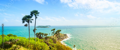 Phromthep Cape, beautiful Andaman sea view in Phuket island, Thailand. Blue sky and turquoise color sea. Banner