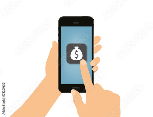 Hand tippt auf Smartphone - Geldsack - Dollar