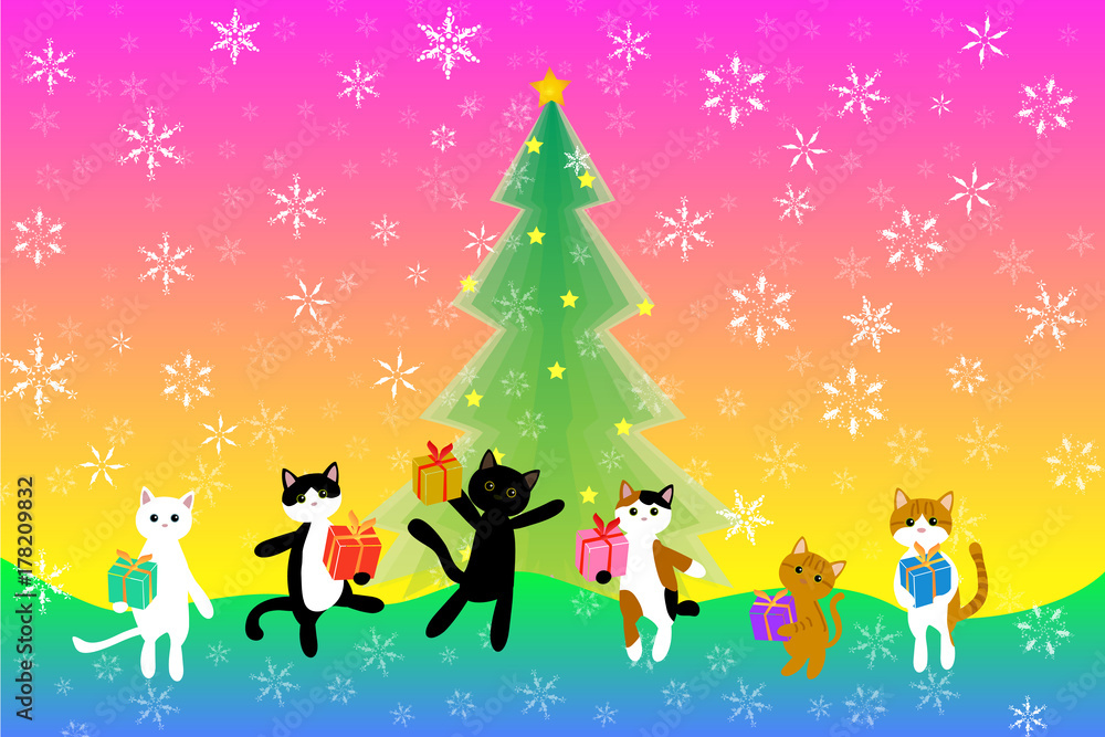 プレゼントをもらって嬉しい猫たちの猫型の雪の結晶の降るクリスマス プレゼントをもらって嬉しい猫たちの猫型の雪の結晶の降るクリスマス
