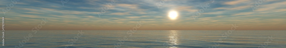 Panorama of sunset at sea, ocean sunrise, sun in clouds over water, banner, 3D rendering

