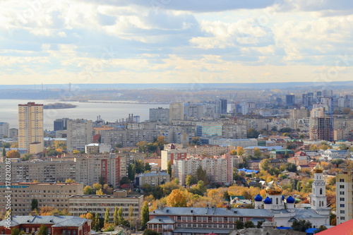 Blue sky, River Volga, city of Saratov, Russia. View from Sokolova Mountain.