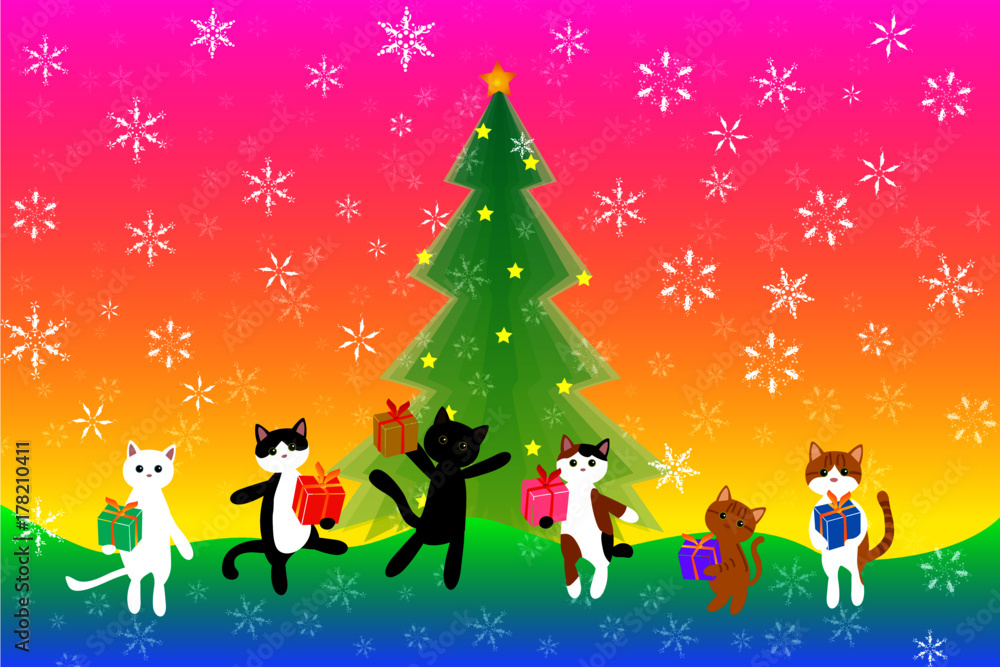 猫型の雪の結晶の降るプレゼントをもらって喜ぶ猫たちのクリスマス　RGB　ベクター　