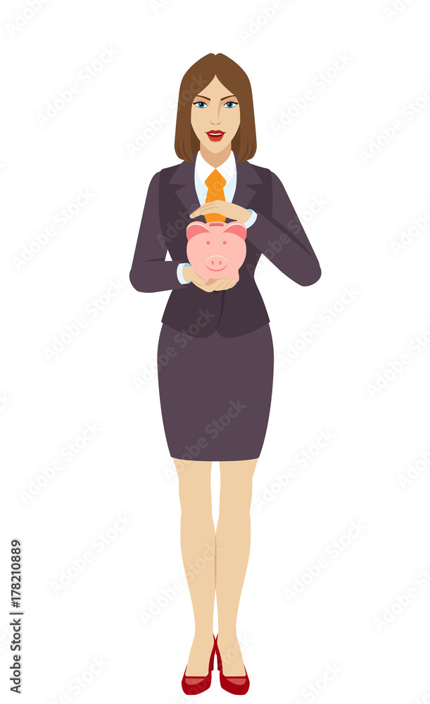 Save money concept. Businesswoman protect piggy bank. Save money concept. Businesswoman protect piggy bank.