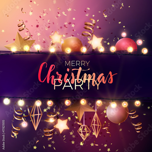 Festive Christmas and New Year vector party flyer or dinner invitation design with gold confetti, xmas ornaments, glowing stars and light garlands.