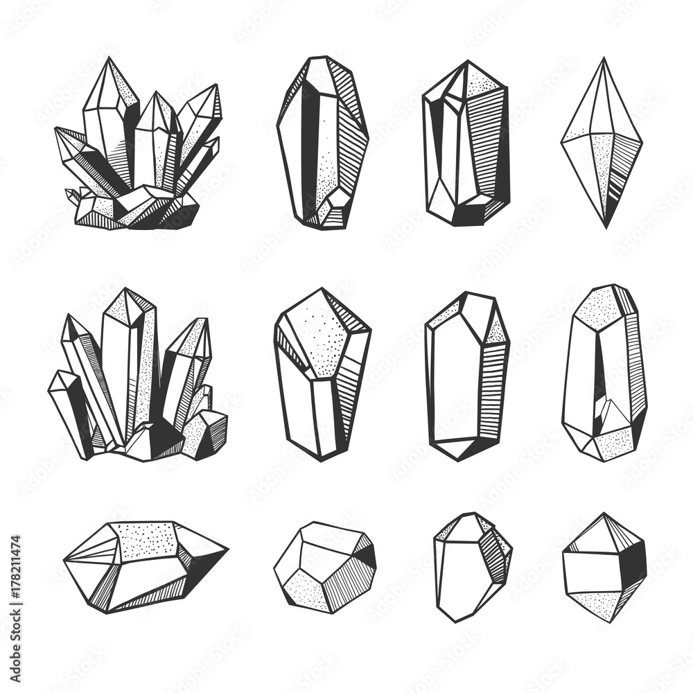 Naklejka premium wektorowe kryształy i minerały, czarno-biała ilustracja