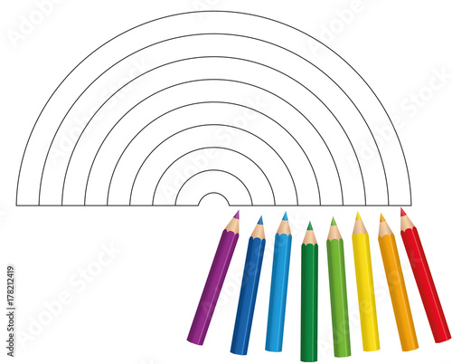 Coloring picture with eight short baby crayons that show which colors to be used for a bright and shiny rainbow - isolated vector illustration on white background.