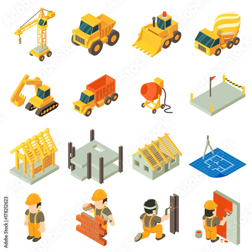 Construction building icons set, isometric style
