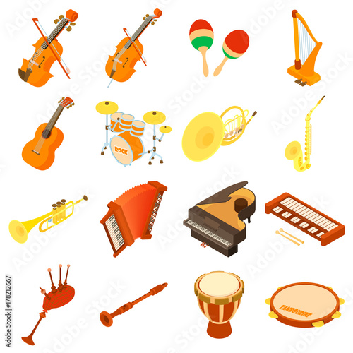 Musical instruments icons set, isometric style