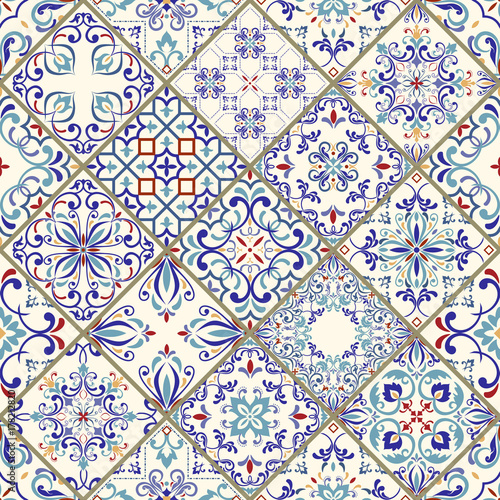 Vector seamless texture. Beautiful mega patchwork pattern for design and fashion with decorative elements. Portuguese tiles, Azulejo, Talavera; Moroccan ornaments in blue colors.