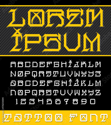 Decorative, new school tattoo inspired typeface in modern performance. This font includes 2 sets of characters and numerals. It is perfect for: logos, posters, labels, headlines and more