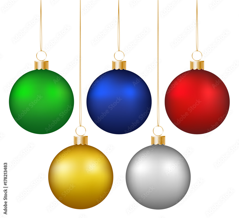 Set of realistic shiny colorful hanging christmas baubles isolated on white  background Stock Vector | Adobe Stock