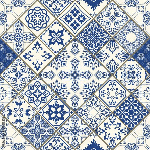 Set of tiles background For wallpaper. Backgrounds, decoration for your design, ceramic, Web. Vector tile pattern, Lisbon floral mosaic, Mediterranean seamless blue ornament