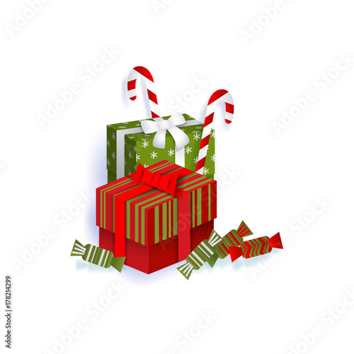 vector flat paper square box presents gitfs with ribbon bow, christmas lollipops and candies. Isolated illustration on a white background. Winter holiday symbols concept photo